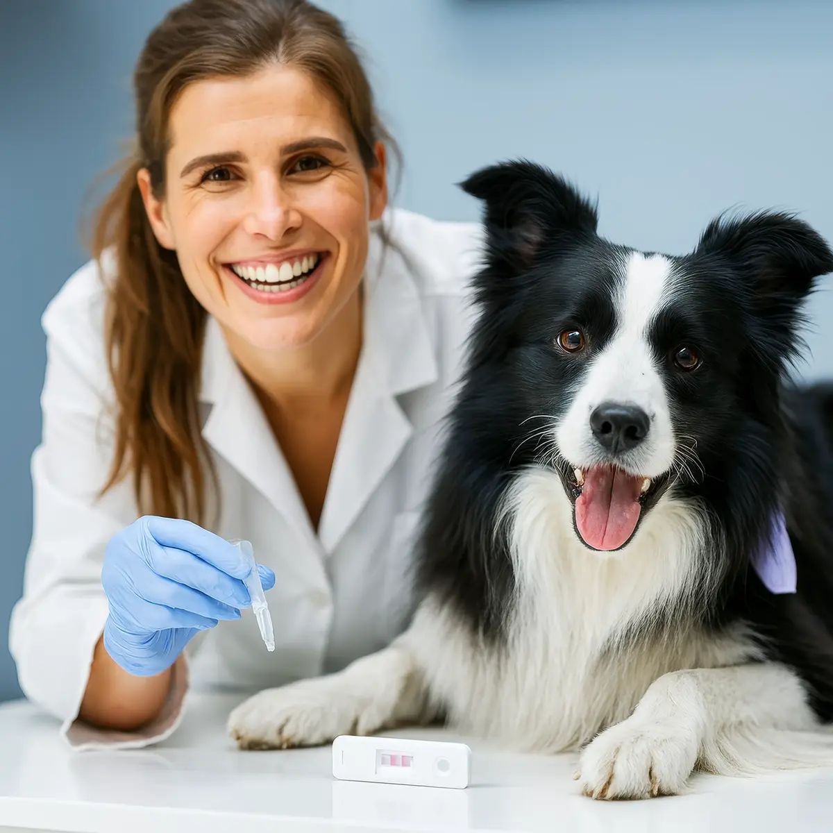 Veterinária sorrindo ao lado de um cão da raça Border Collie, mostrando o resultado positivo em um teste rápido de diagnóstico.